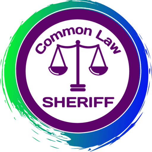 Common Law Sheriff circular green and blue Logo with balanced scales in the middle