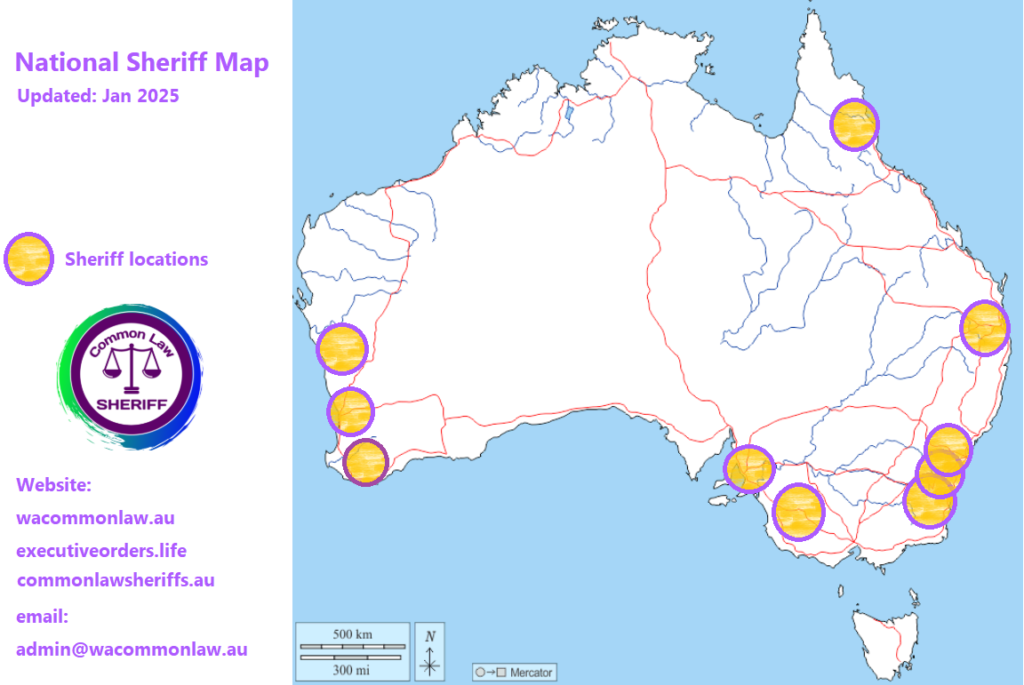 Map of Australia showing locations of Common Law Sheriffs in West and East Terra Australis